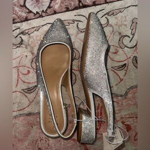 Elegant Silver Slingback Rhinestone Women's Flats Shoes Small Heel Size 8.5 NEW